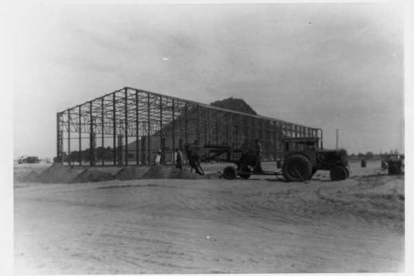 First timber shed - January 1957. Framework erected for the first timber shed in January 1957.