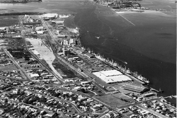 Mount wharves in 1971. An aerial view showing expansion of the Mount wharves. Between 1961 and 1978, the Port draught was increased from 7.31m to 10.7m to handle the 68% increase in shipping (and 269% increase in tonnage).