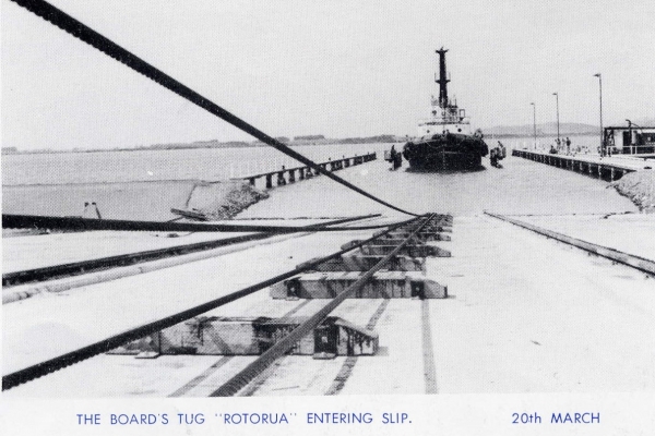 The Harbour Board Tug. The tug Rotorua entering the new slipway - March 1972.