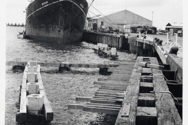 Linkspan construction - 1974. The linkspan and a $2 million forest industry terminal was established to serve the direct roll on / roll off service to Australian and South Pacific Island ports..