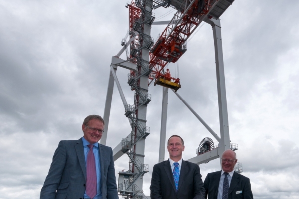 Berth extension opened April 2013. The $30 million extension to the wharf length at the Tauranga Container Terminal, increasing it by 170 metres or 28%, was officially opened by Prime Minister Rt Hon John Key on 4 April 2013. Also pictured are Chief Executive, Mark Cairns, and Chairman, John Parker.